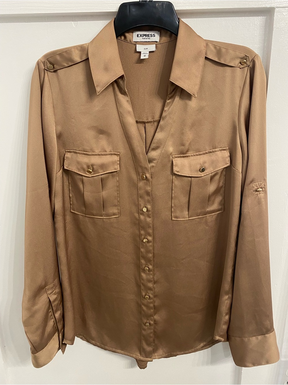 Express Tan Satin Button-Down Utility Shirt